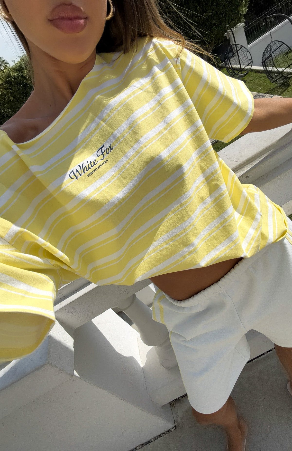 White Fox Verano Sixteen Magnolia Off Shoulder Oversized Tee Lemon/White Stripe