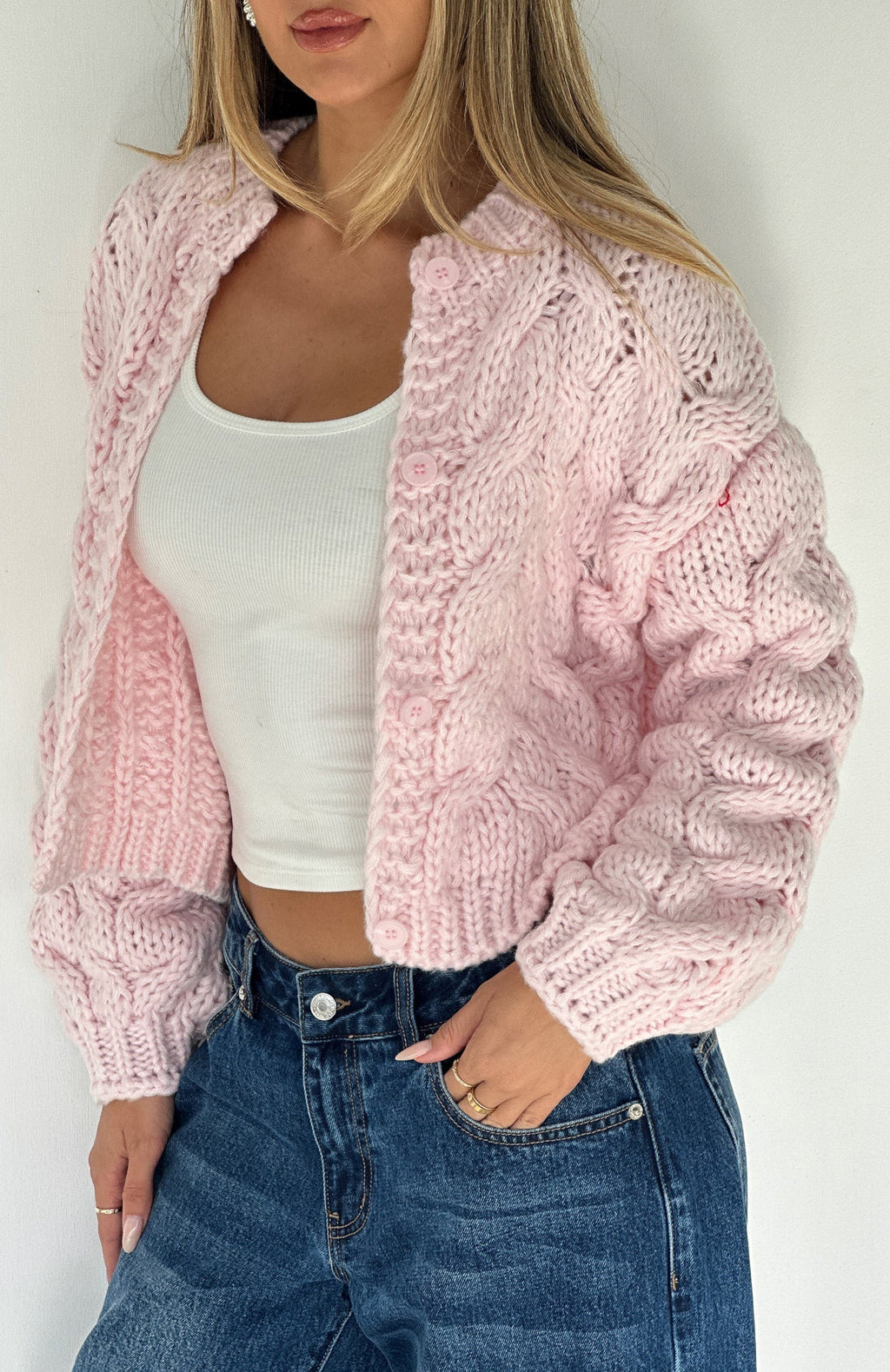 White Fox Cutie Pie Knit Cardigan Baby Pink