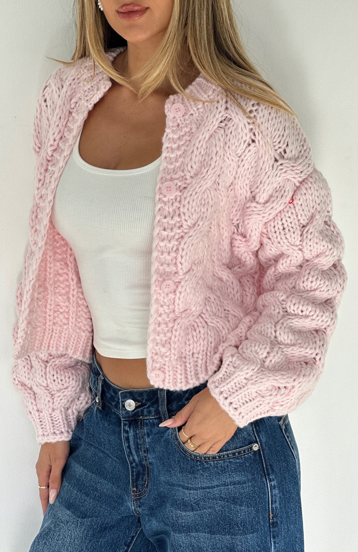 White Fox Cutie Pie Knit Cardigan Baby Pink