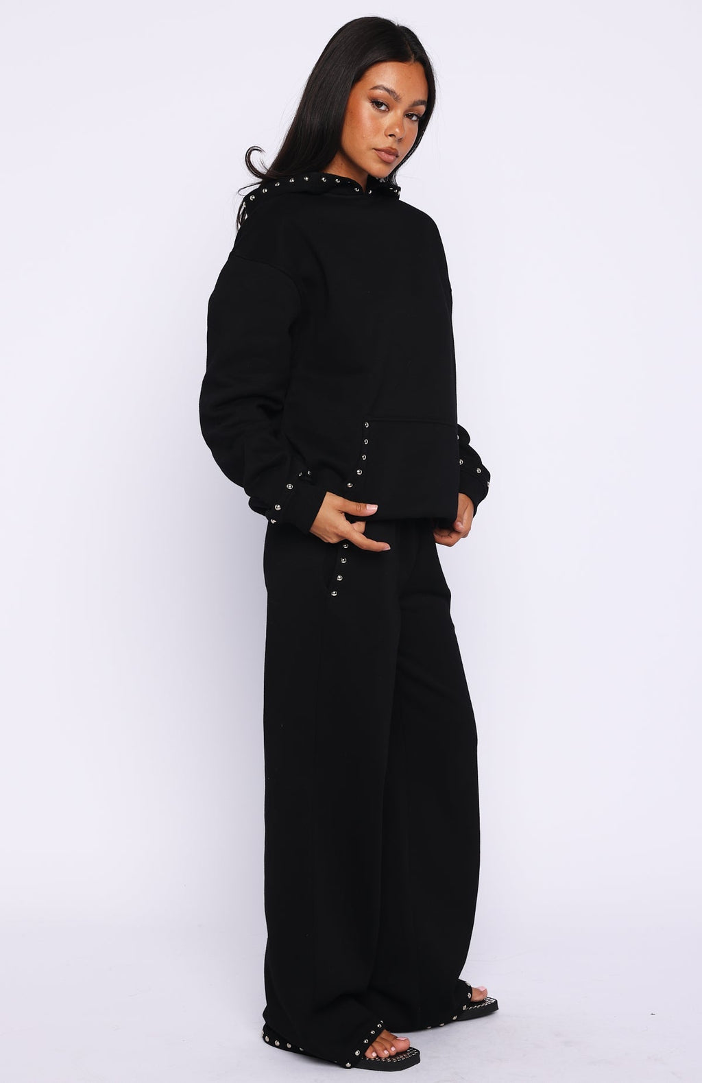 White Fox Glow Your Own Way Studded Wide Leg Sweatpants Black