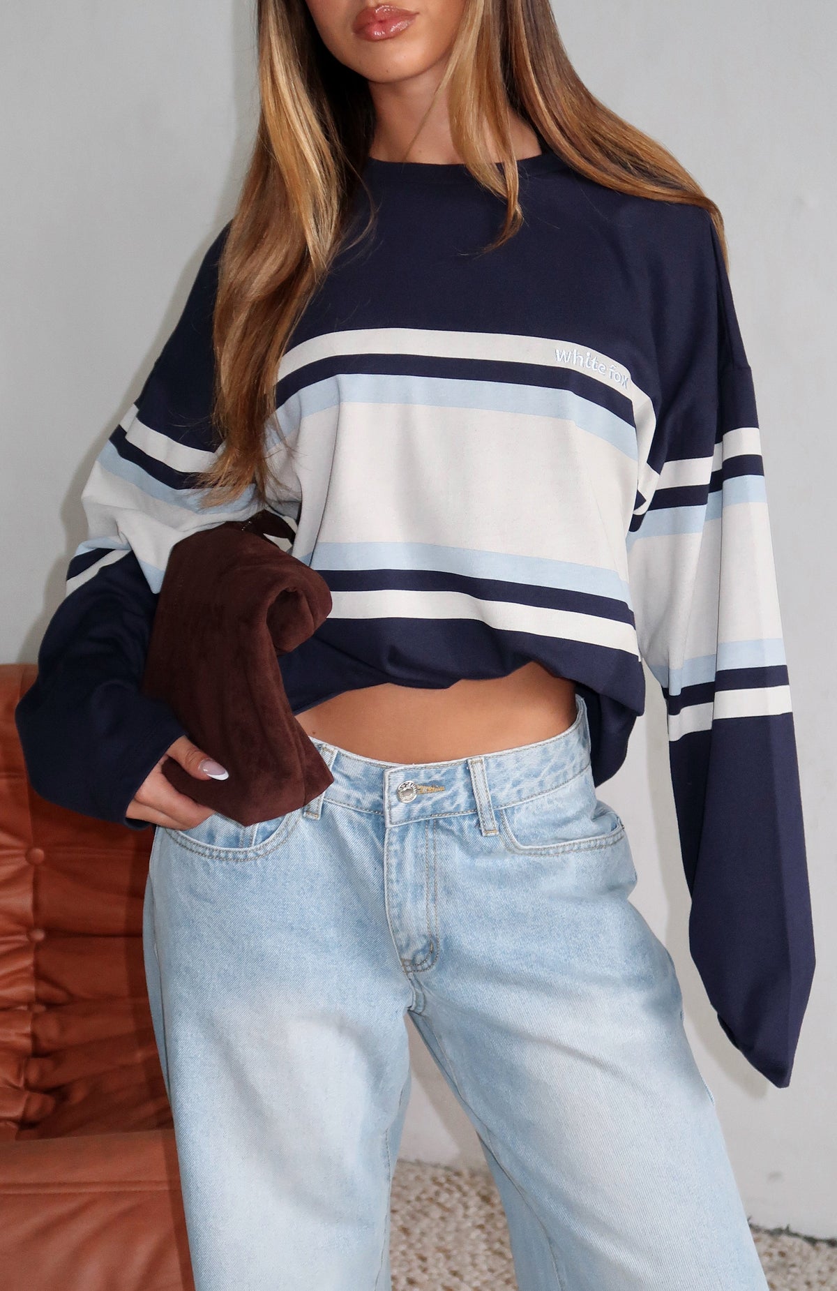 White Fox Too Cool For You Oversized Long Sleeve Tee Navy