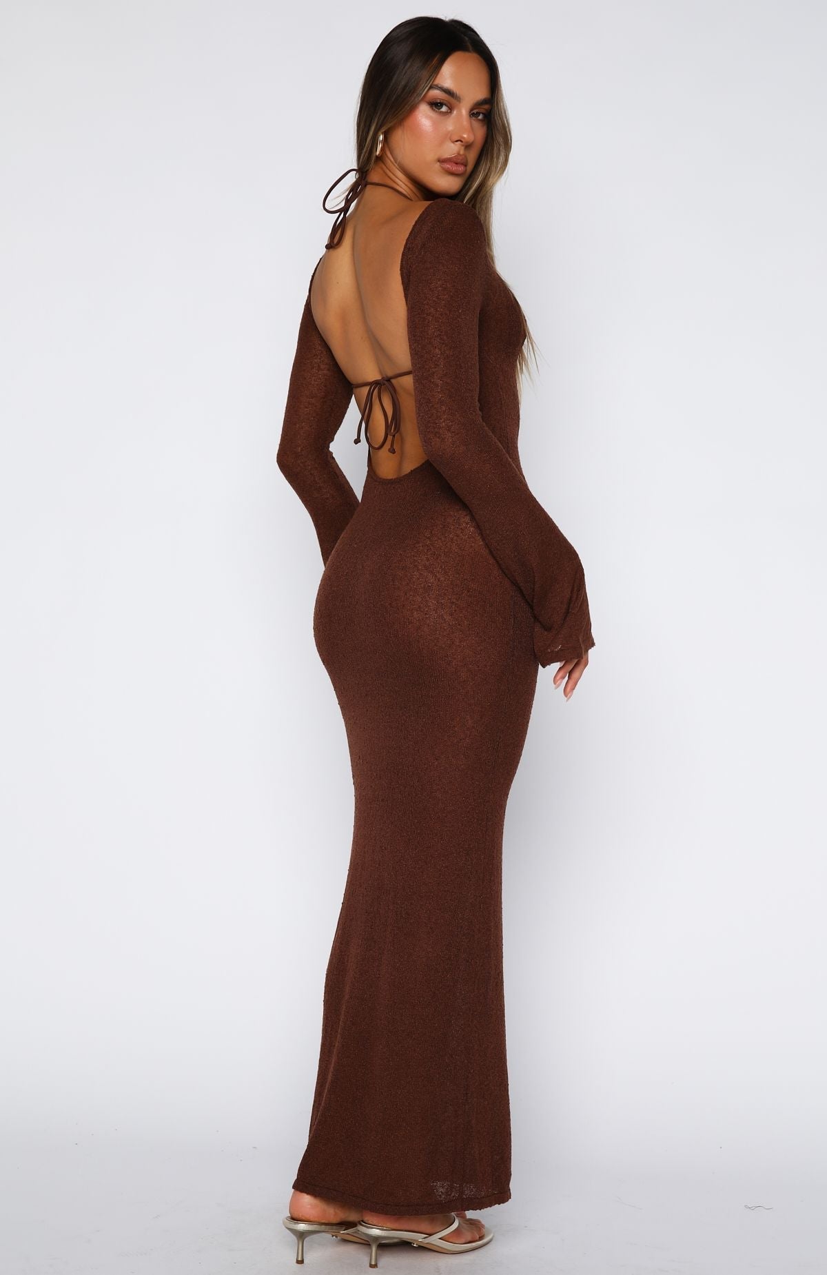 White Fox Malta Mermaids Long Sleeve Maxi Dress Chocolate