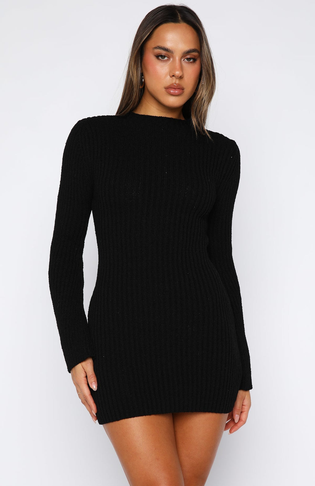 White Fox Get On Down Long Sleeve Knit Mini Dress Black
