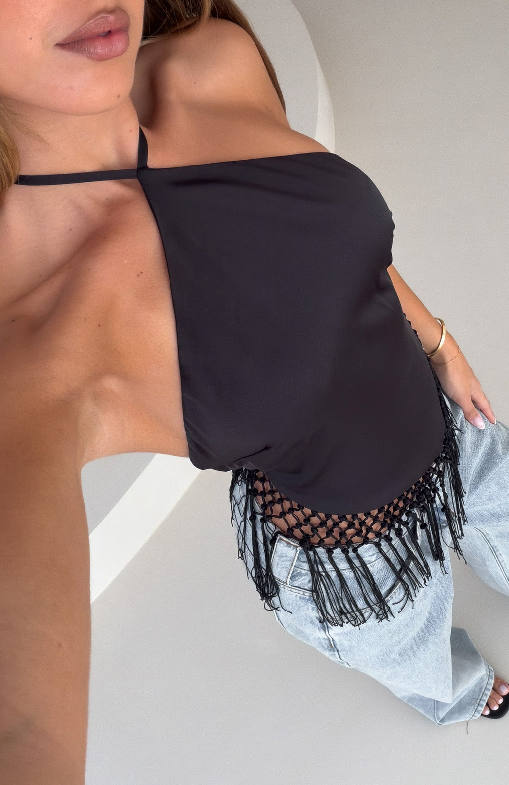 White Fox Rough Love Fringe Top Black