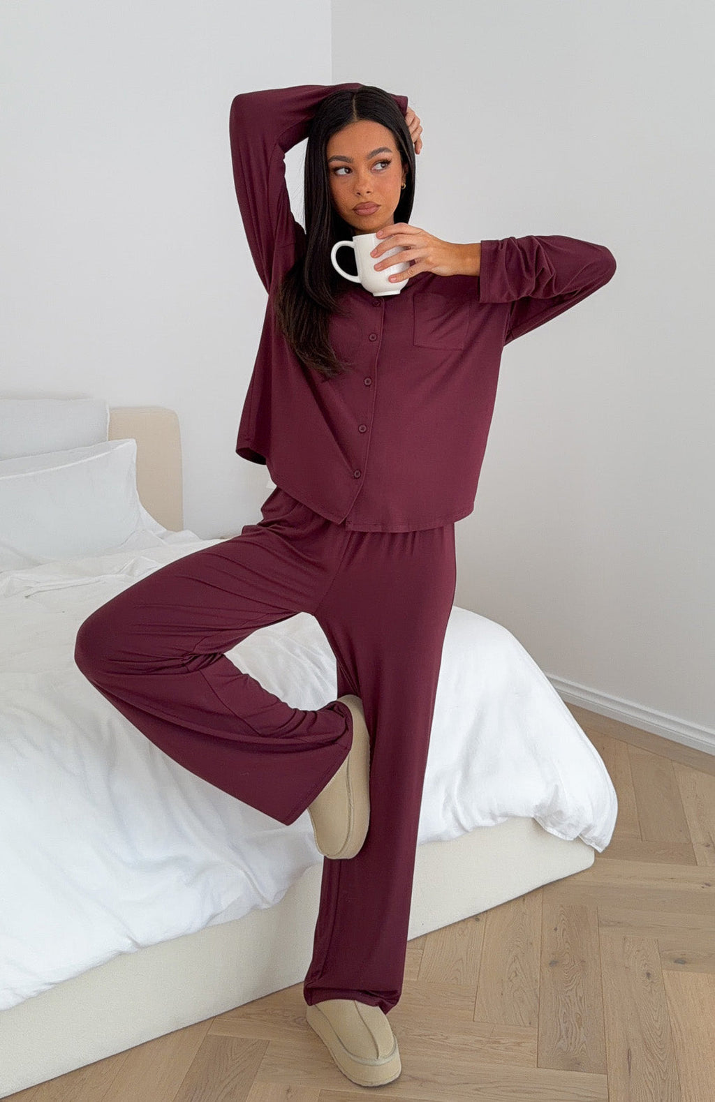 White Fox Pillow Talk Long Sleeve Pyjama Set Burgundy