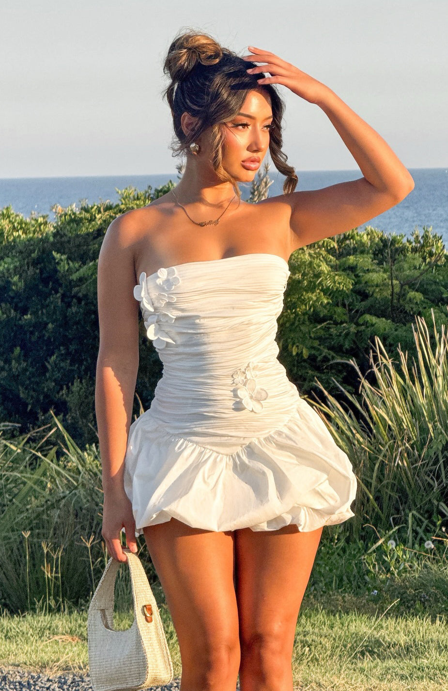 White Fox Flower Beat Strapless Mini Dress White