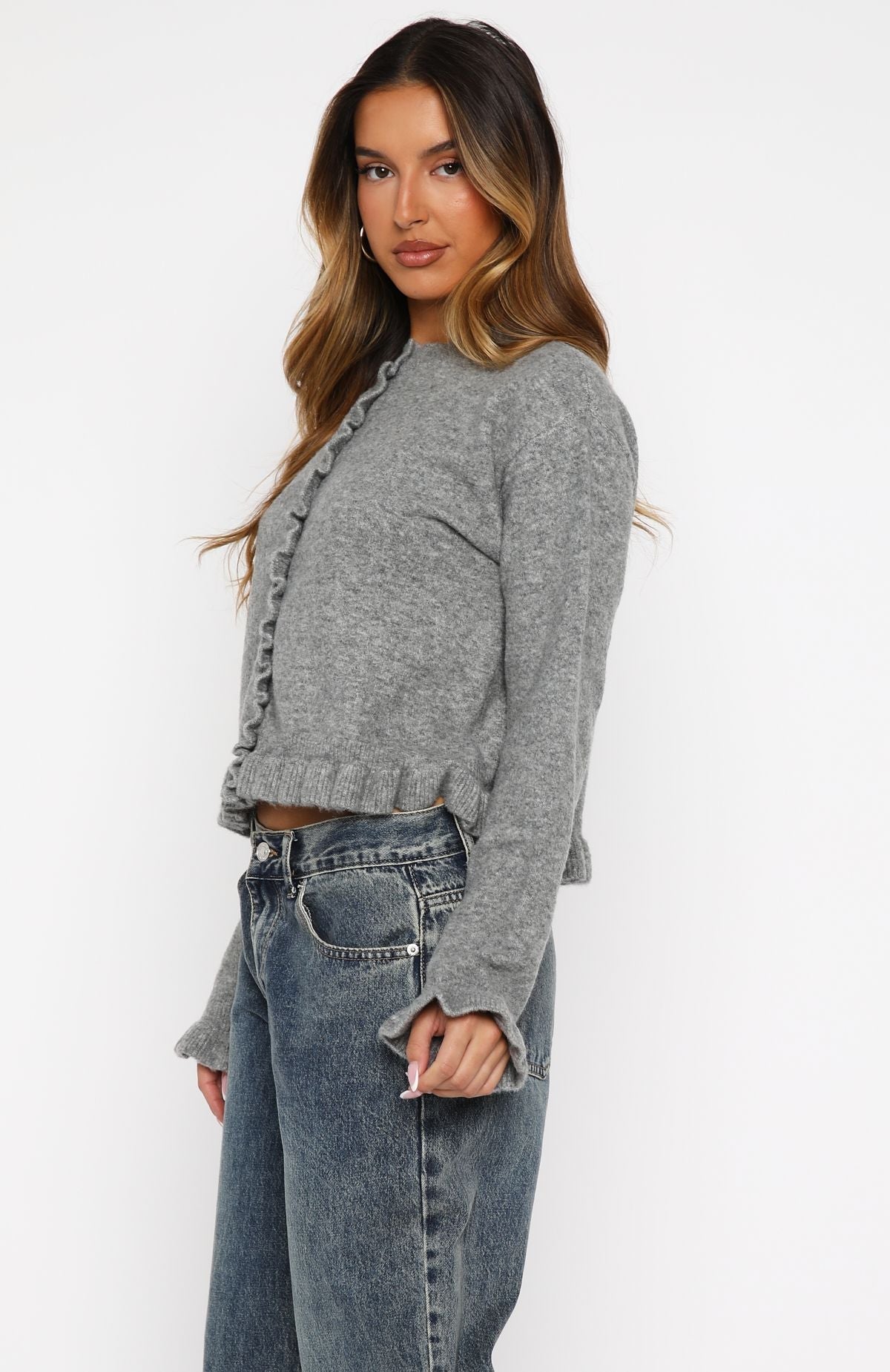 White Fox Cardi Club Knit Cardigan Heather Grey