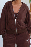 White Fox Causing Commotion Terry Boxy Zip Front Hoodie Chocolate