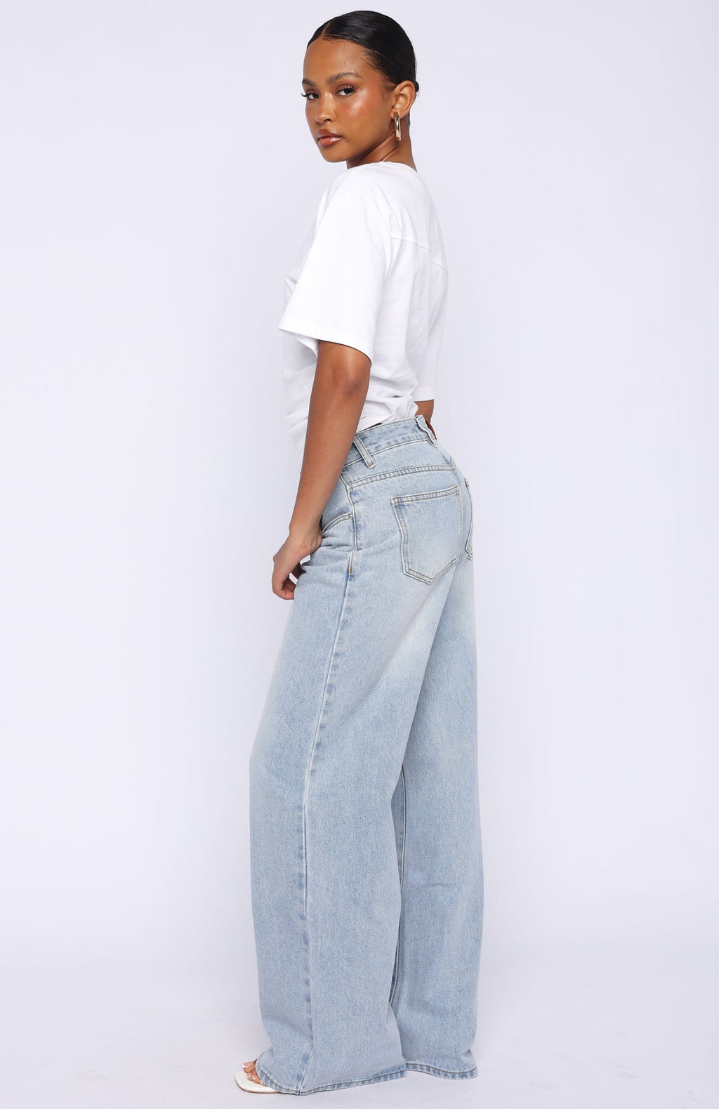 White Fox Just My Type Mid Rise Wide Leg Jeans Light Blue Wash