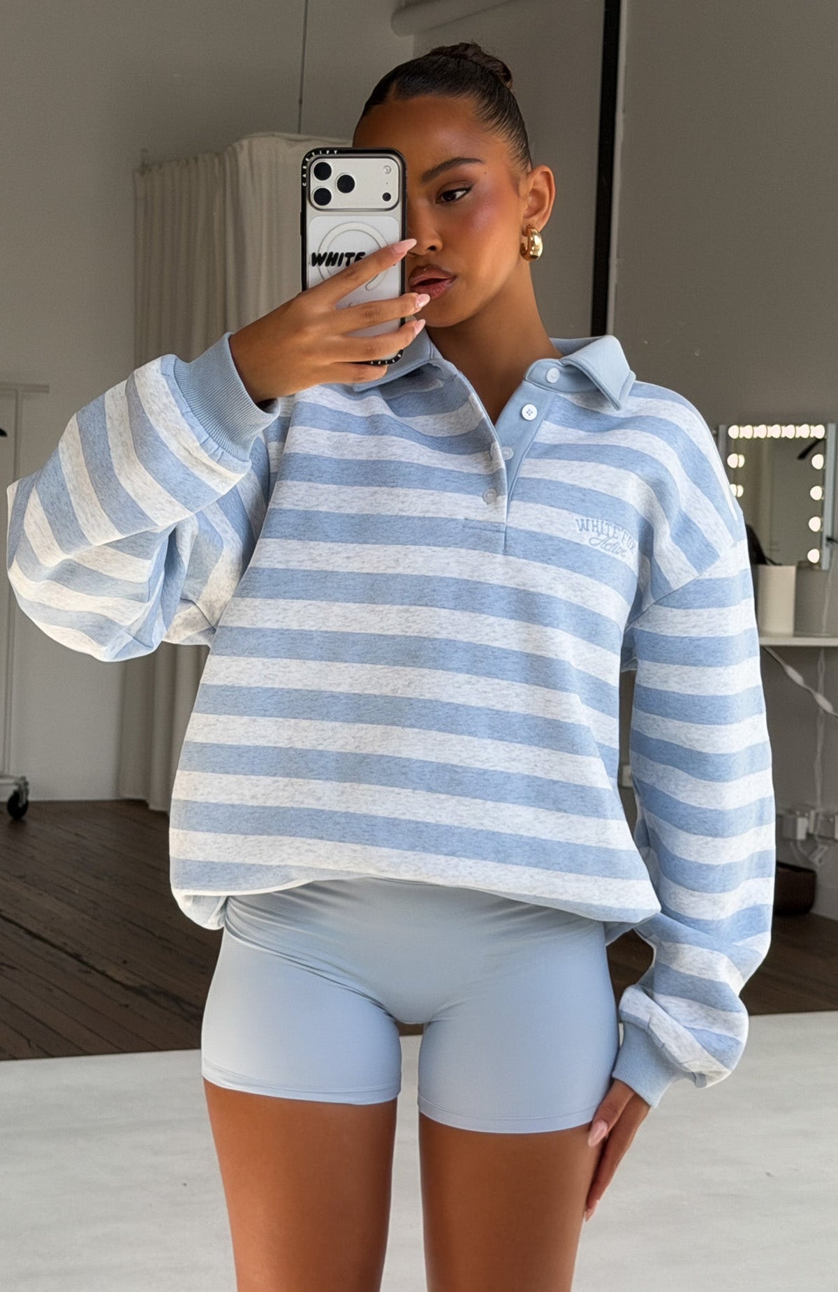 White Fox Best Influence Oversized Henley Sweater Grey Marle / Blue Stripe