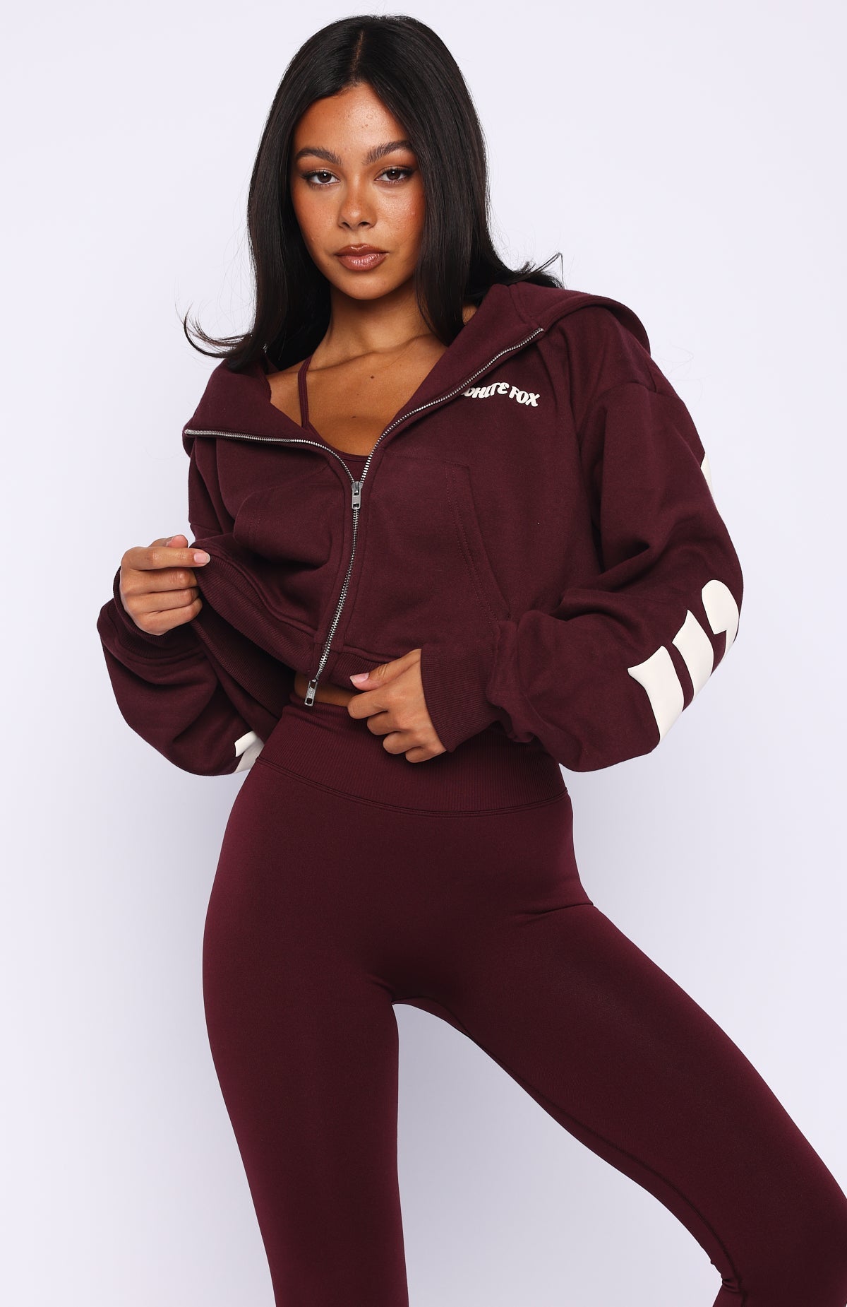 White Fox Gone Away Boxy Zip Front Hoodie Merlot