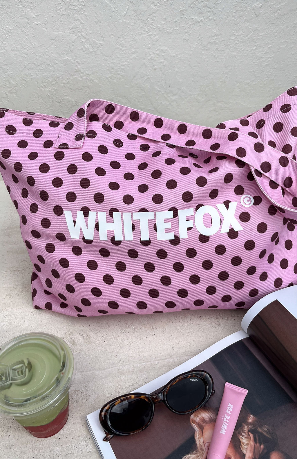 White Fox Circle Back To Me Tote Bag Pink/Burgundy Polka Dot