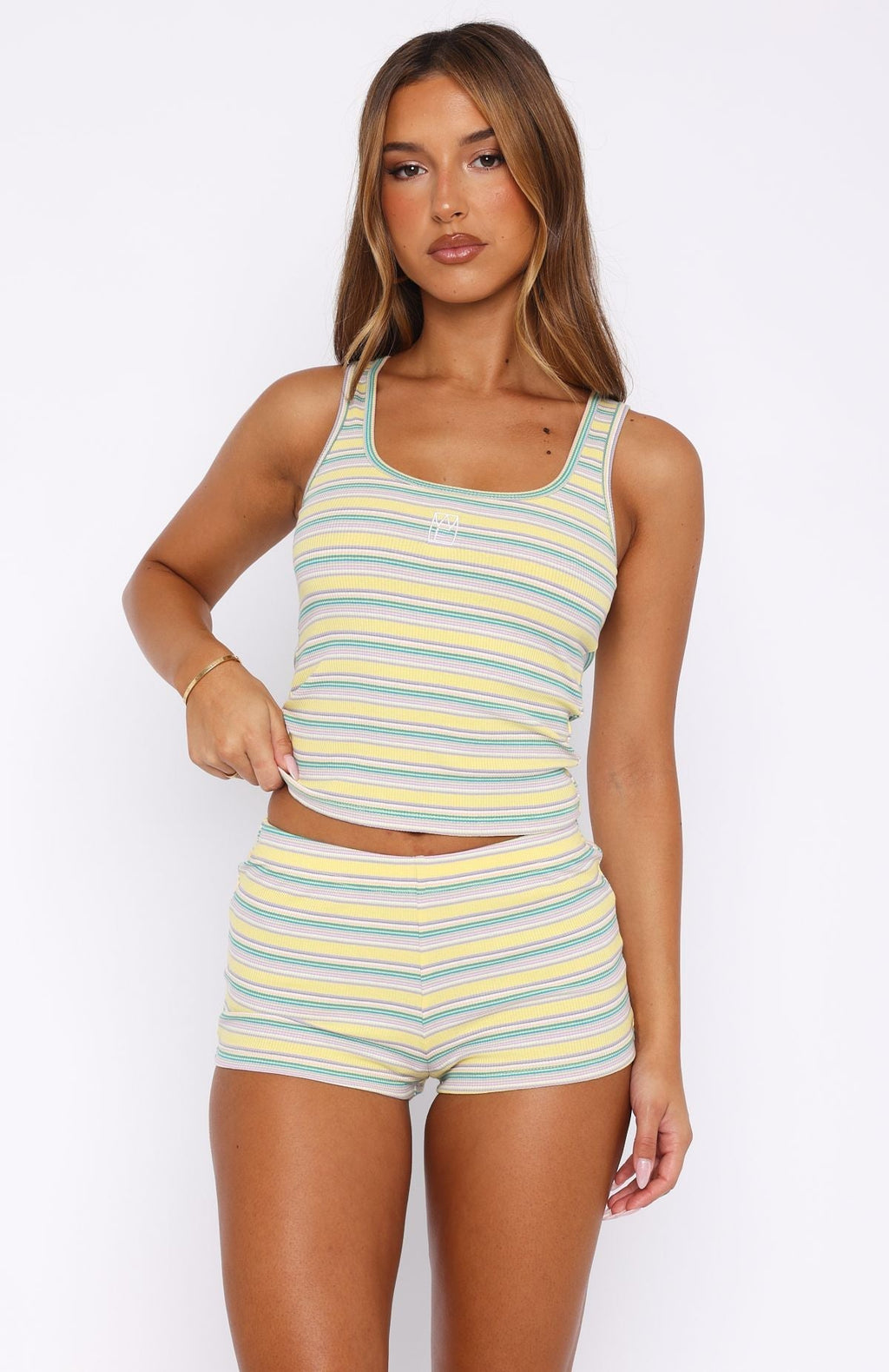 White Fox Escape Mode Booty Shorts Lemon Candy Stripe