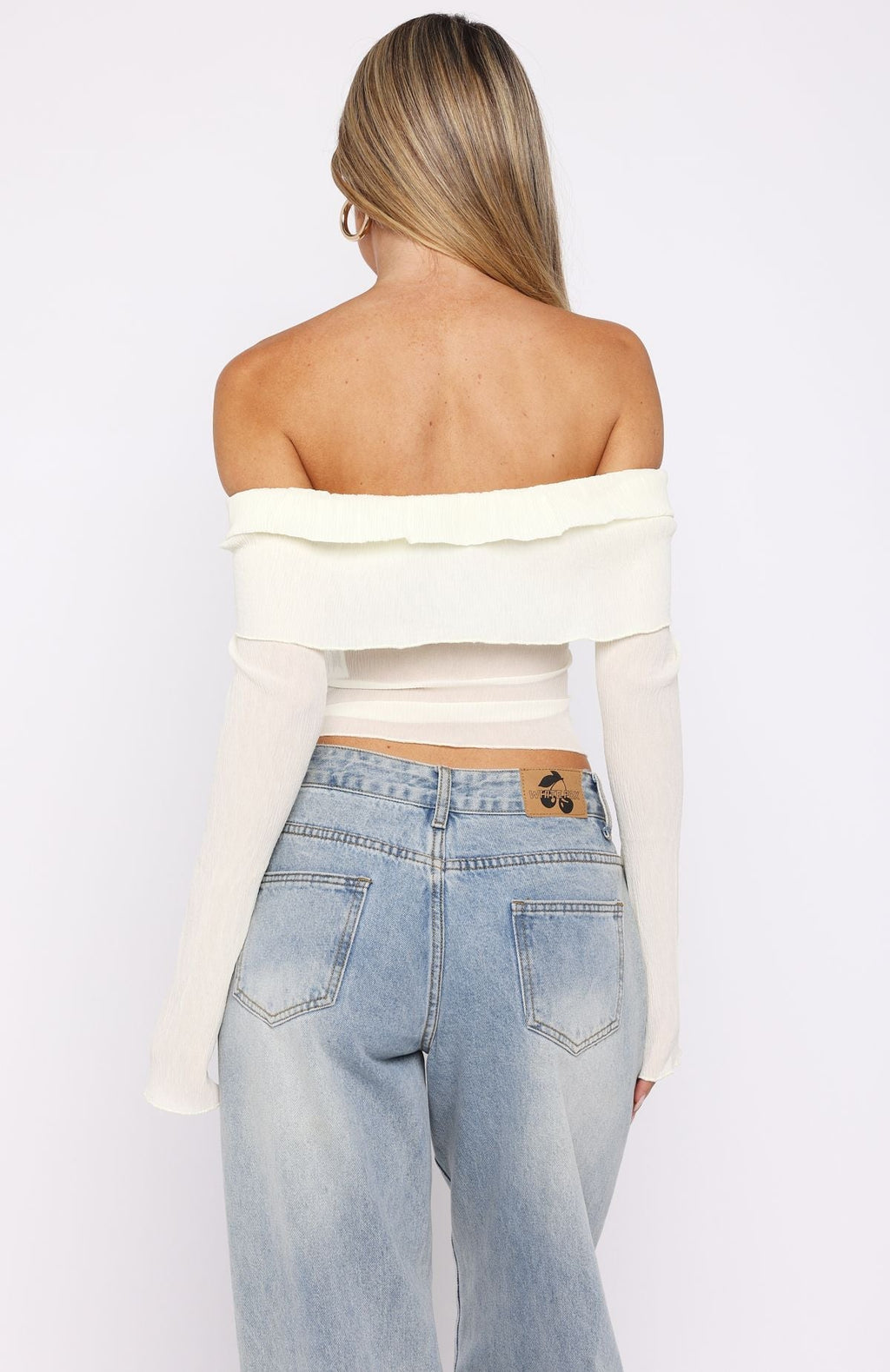 White Fox Mood Forever Long Sleeve Off Shoulder Top Cream