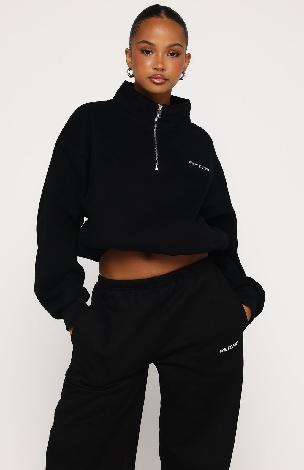 White Fox Test Drive Boxy Quarter Zip Sweater Black