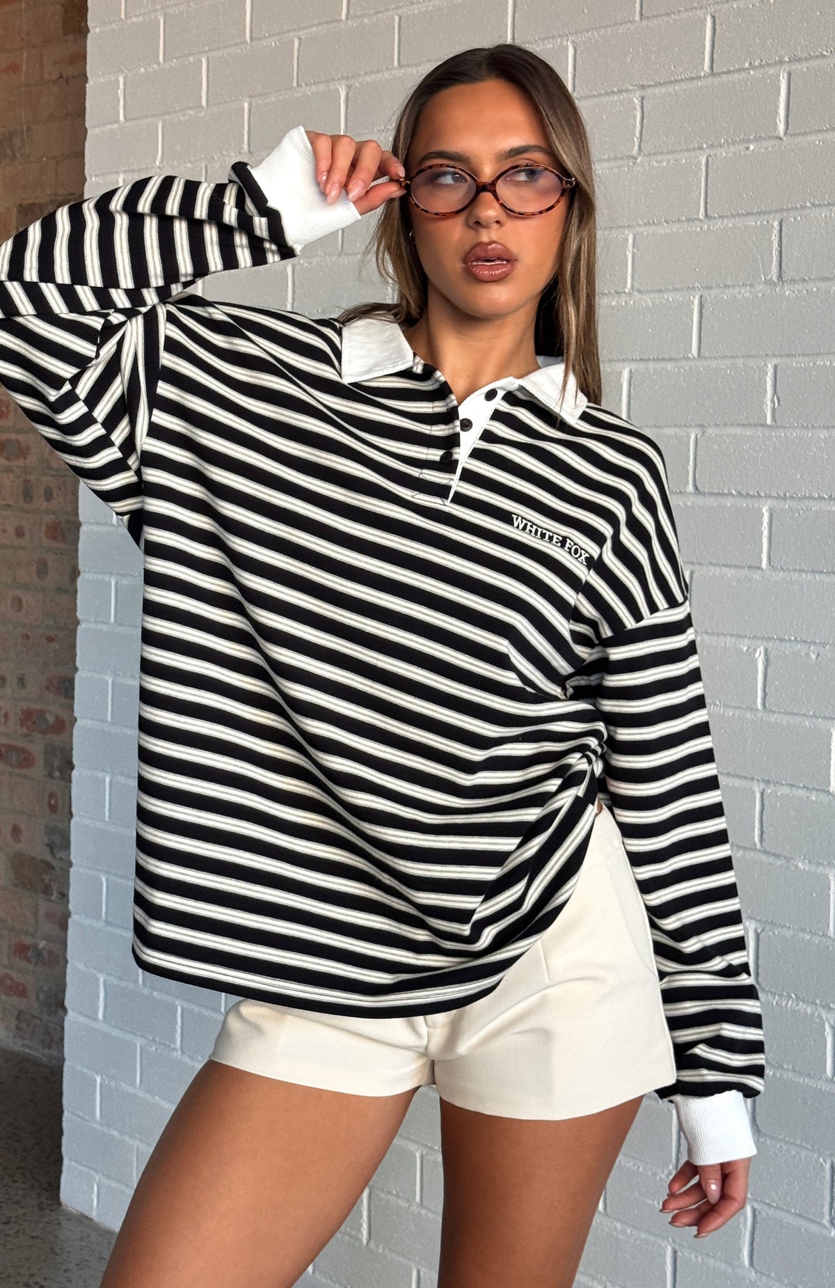 White Fox Out Again Long Sleeve Rugby Shirt Black/Grey Stripe