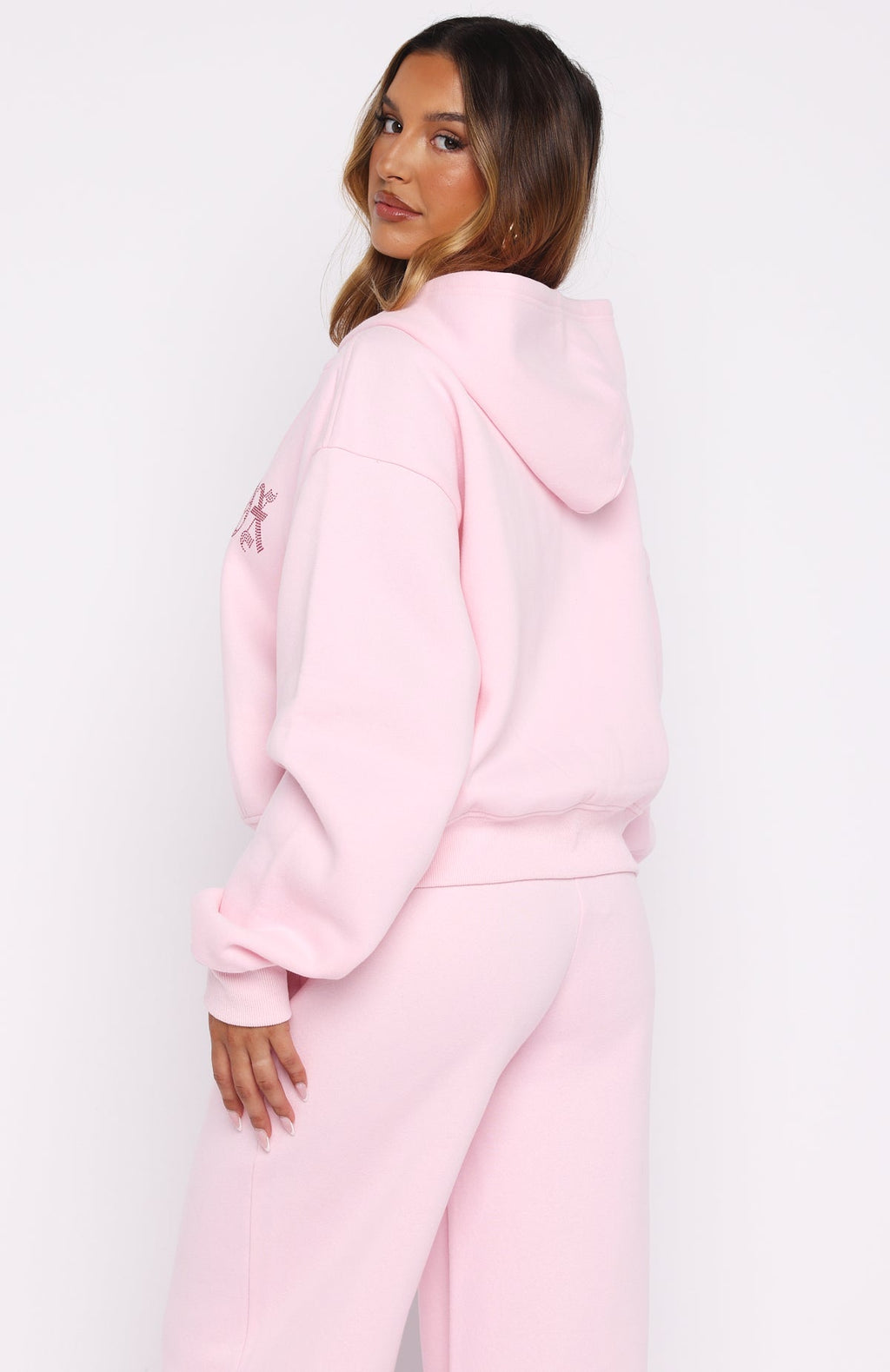 White Fox Lucky Ones Boxy Zip Front Hoodie Pink