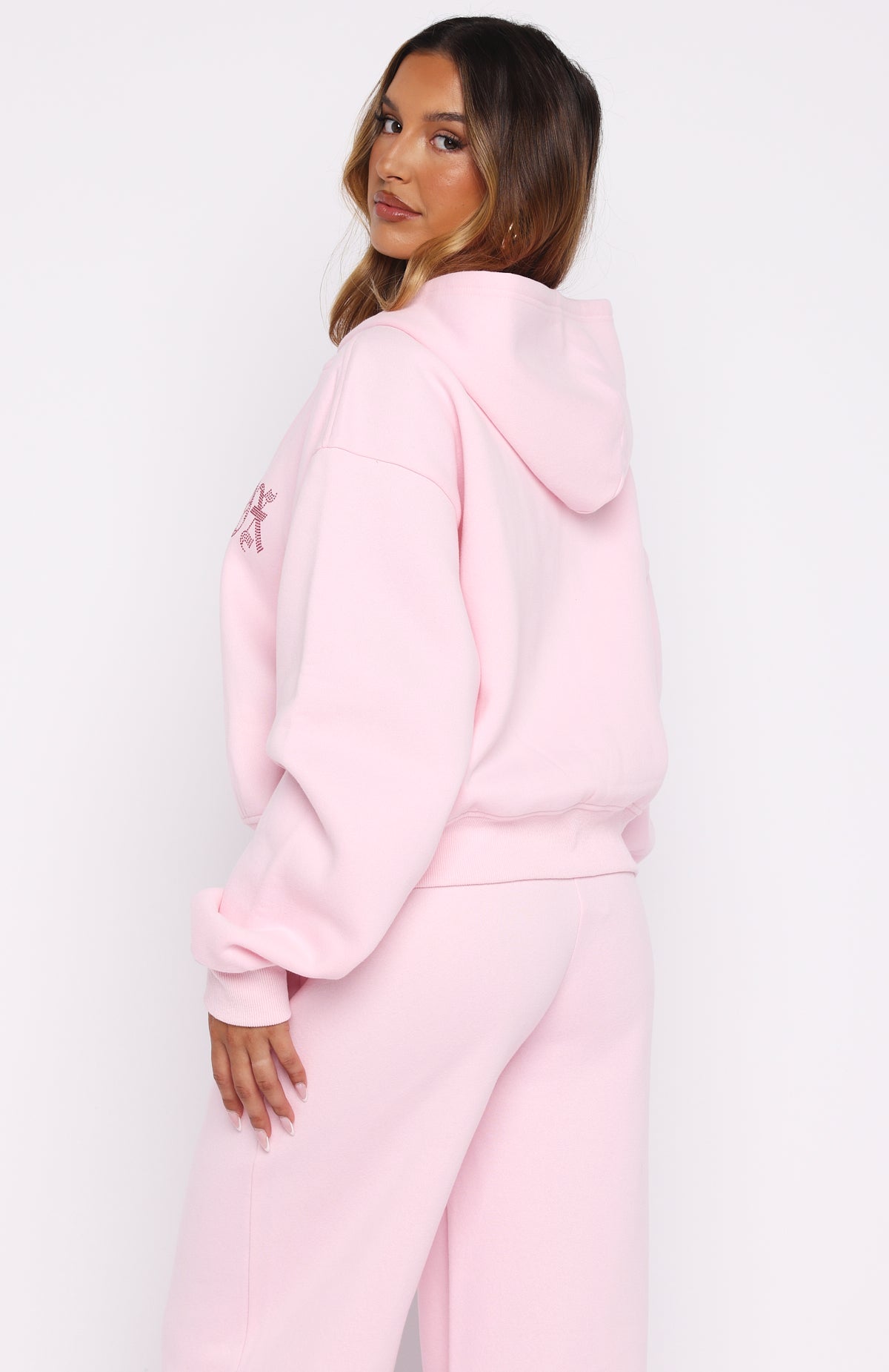 White Fox Lucky Ones Boxy Zip Front Hoodie Pink