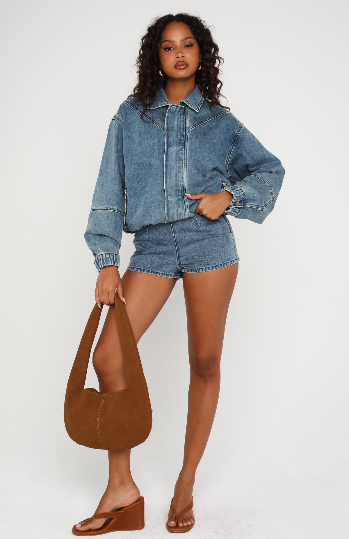 White Fox Cooler Than You Denim Bomber Jacket Brown Blue Acid