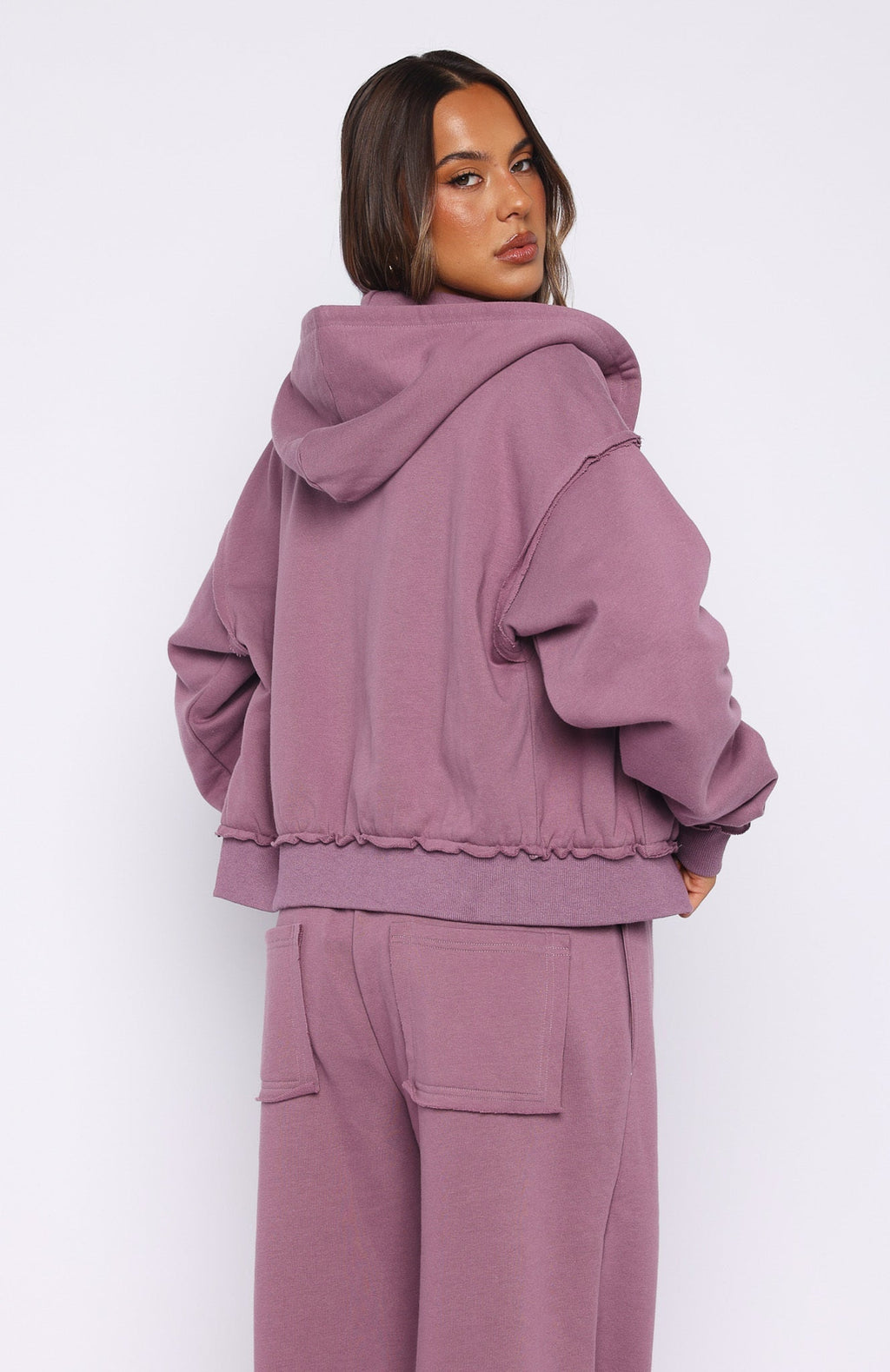 White Fox On My Own Terms Boxy Zip Front Hoodie Dusty Plum