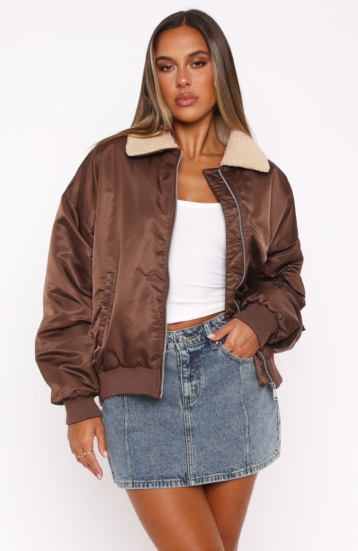 White Fox No Airtime Bomber Jacket Chocolate