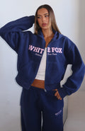 White Fox Just For Now Fleece Boxy Zip Front Hoodie Navy