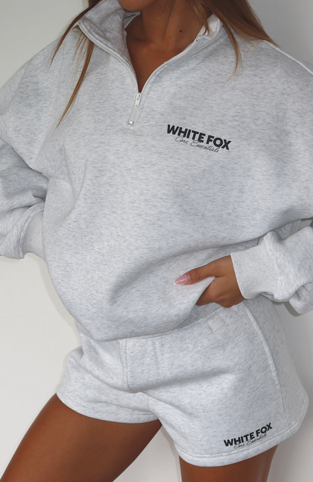 White Fox Core Essentials Zip Sweater Grey Marle