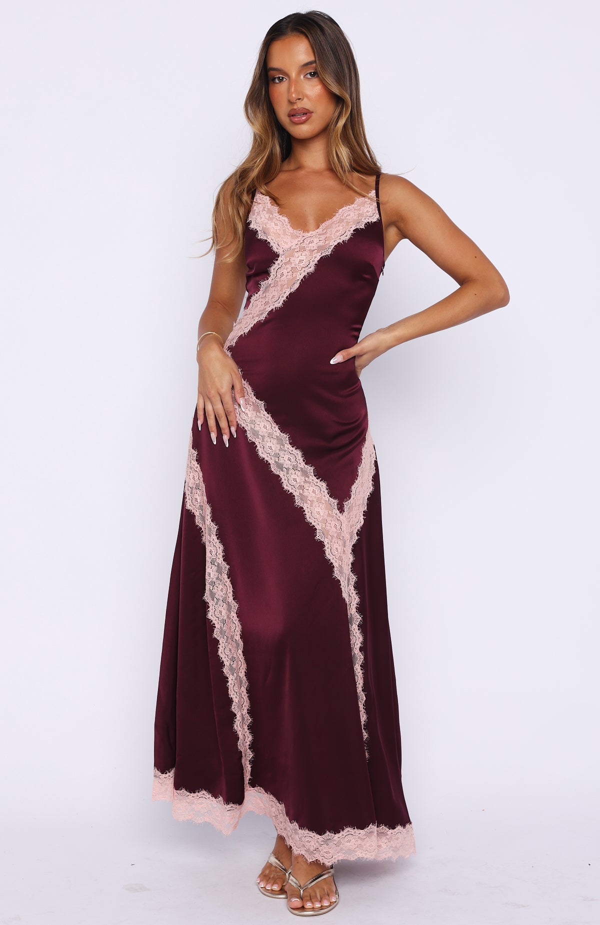 White Fox Powerful Pose Satin Maxi Dress Plum/Baby Pink