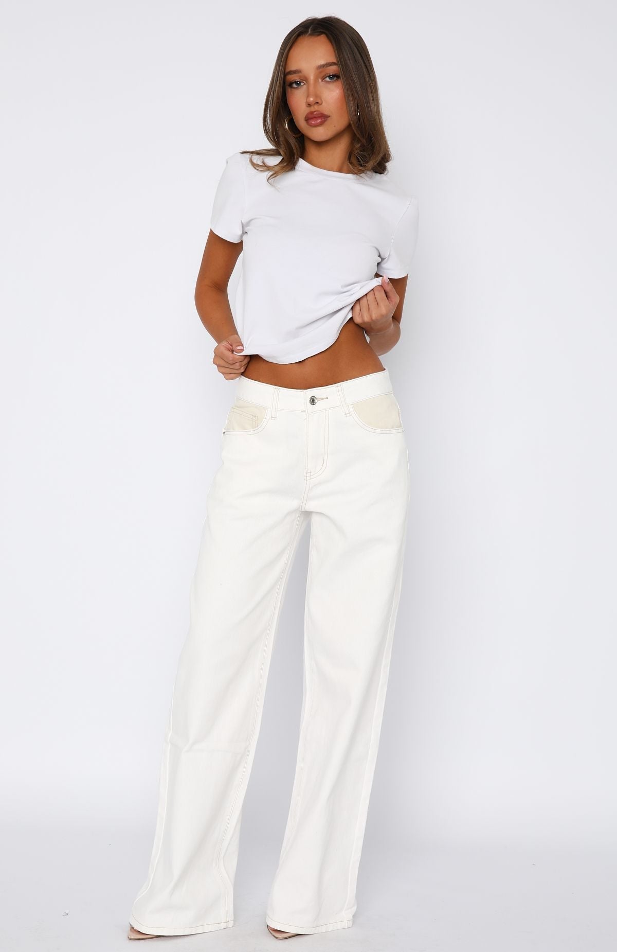 White Fox Amira Mid Rise Wide Leg Jeans White/Cream