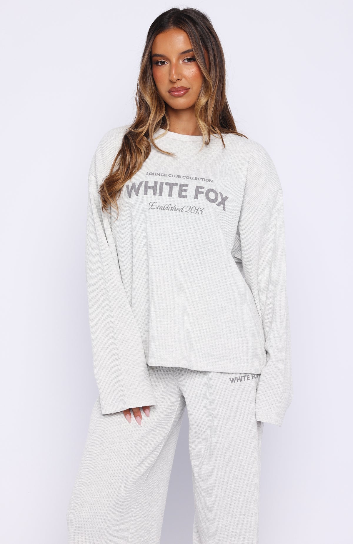 White Fox Leave Me Out Of It Waffle Oversized Long Sleeve Tee Grey Marle