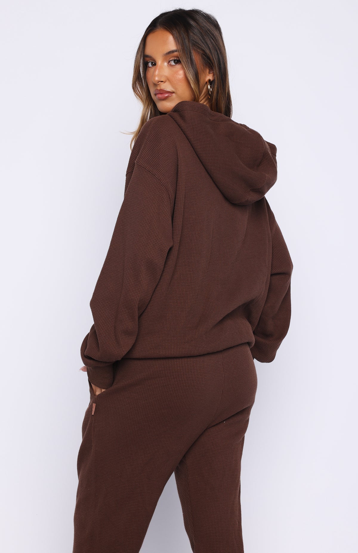 White Fox Moving Out Waffle Oversized Hoodie Chocolate