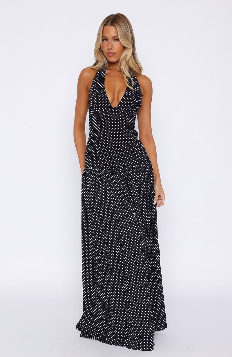 White Fox Sweet Temptation Halter Maxi Dress Black/ White Polka Dot