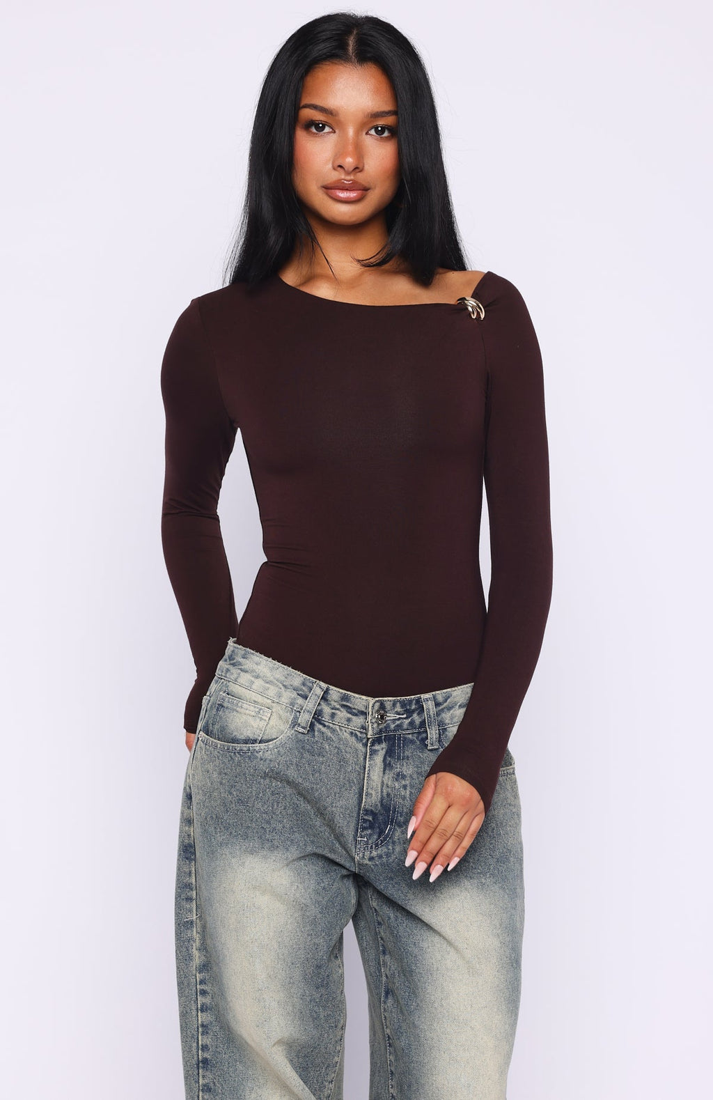 White Fox Double Down Long Sleeve Bodysuit Dark Chocolate
