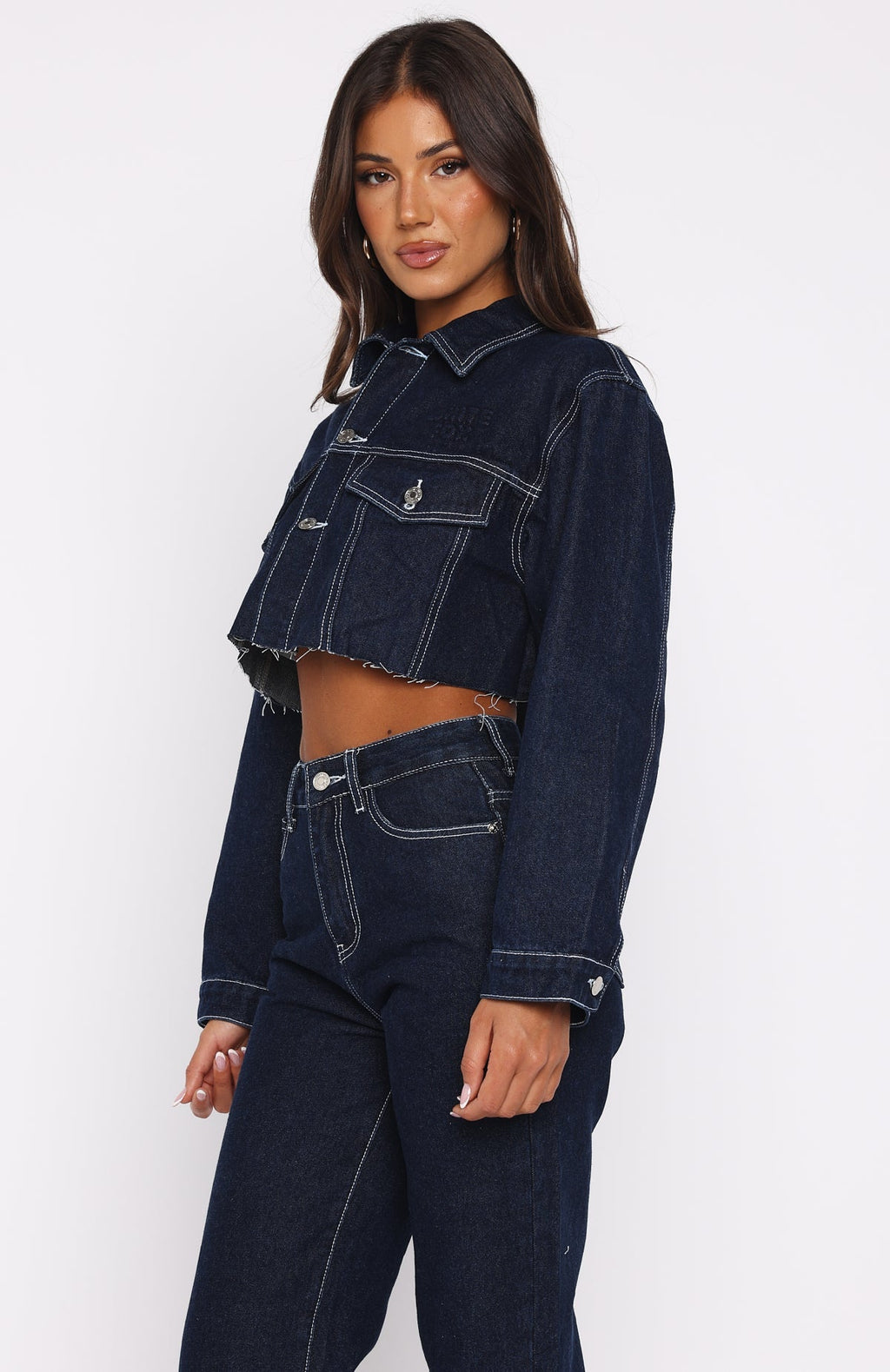 White Fox Something To Prove Cropped Denim Jacket Dark Indigo