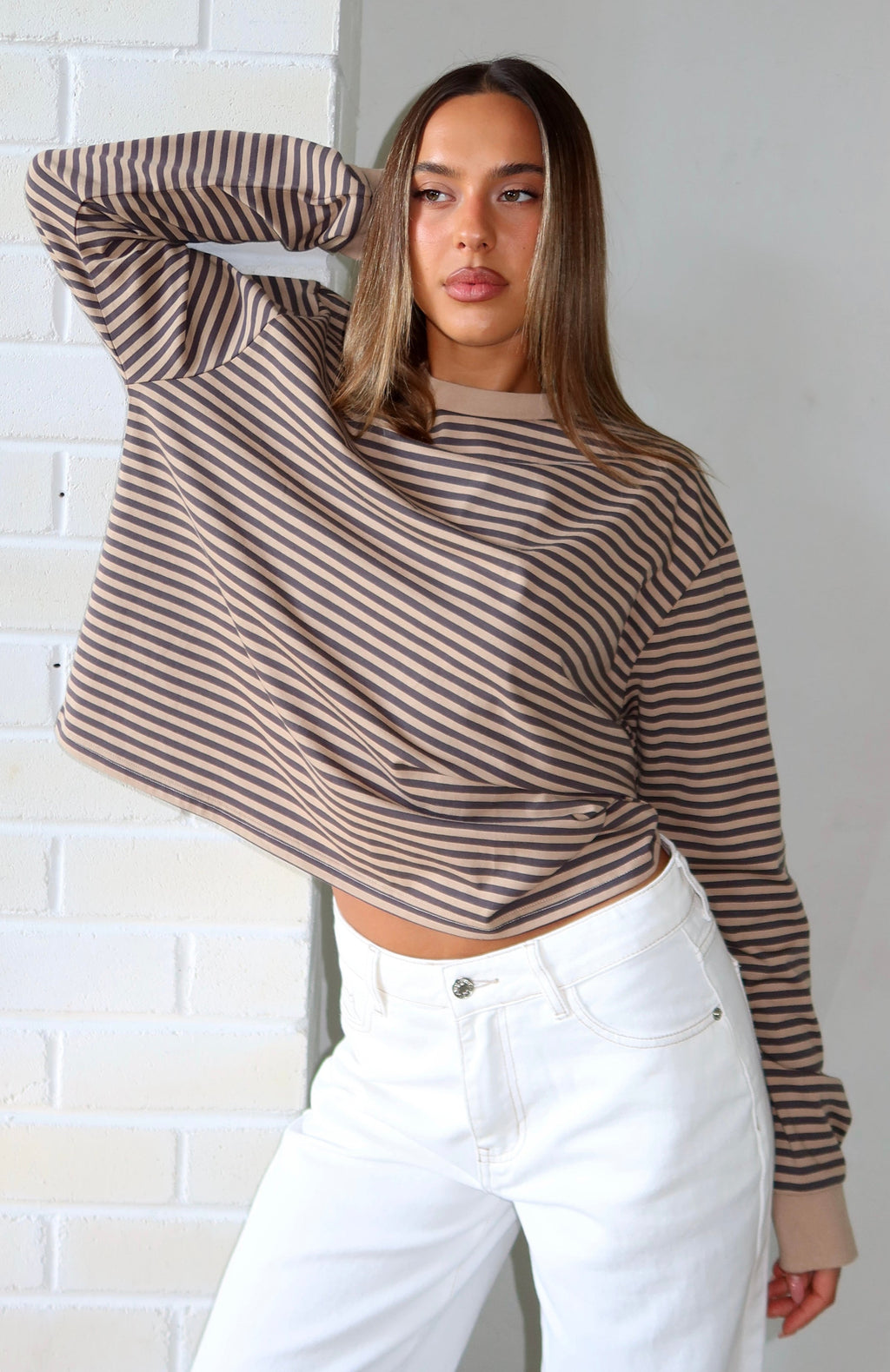 White Fox Catch The Drift Long Sleeve Tee Chocolate/Tan Stripe
