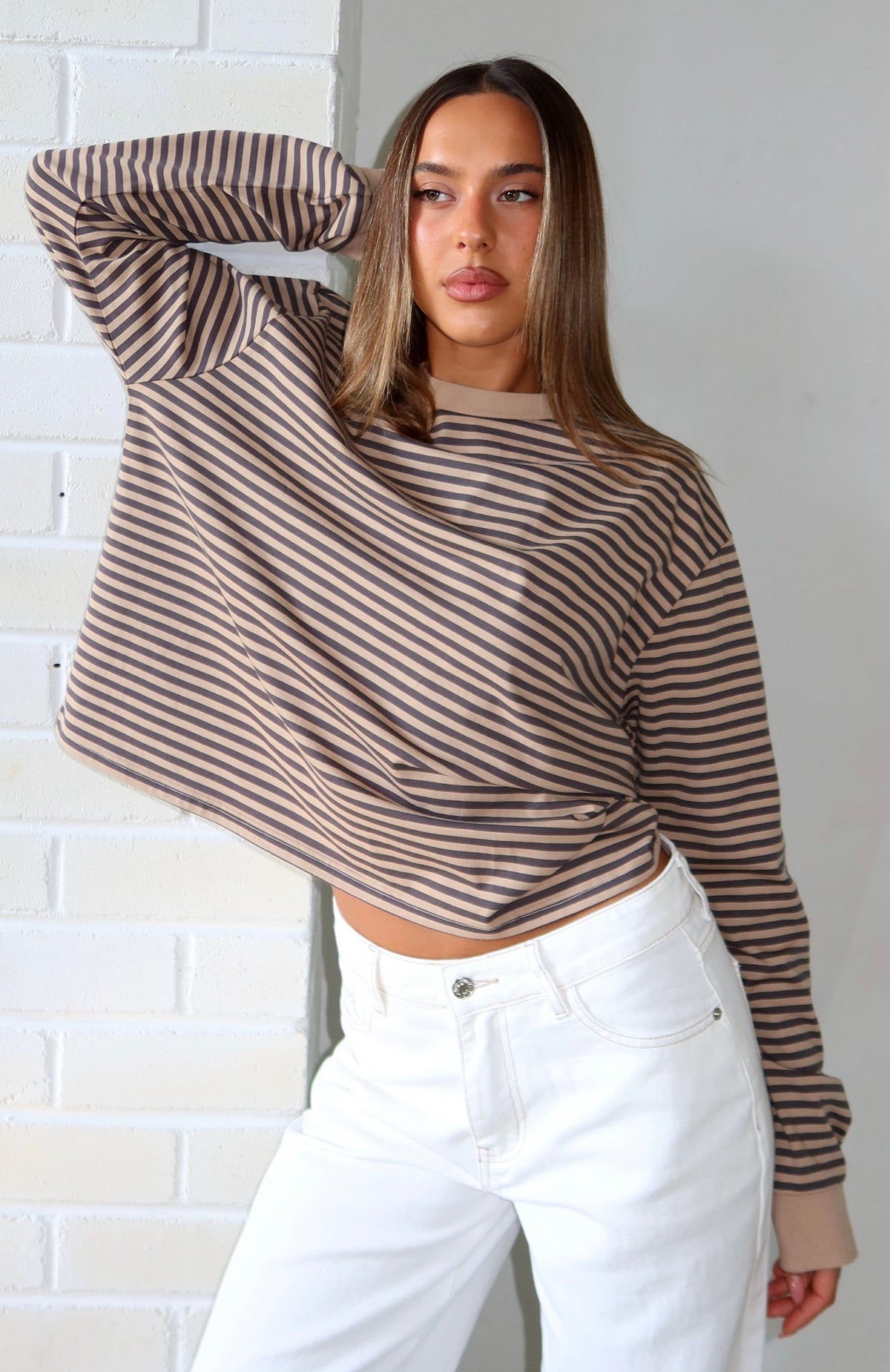 White Fox Catch The Drift Long Sleeve Tee Chocolate/Tan Stripe