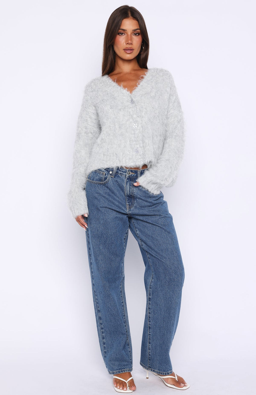 White Fox Cozy Vibes Knit Cardigan Grey Marle