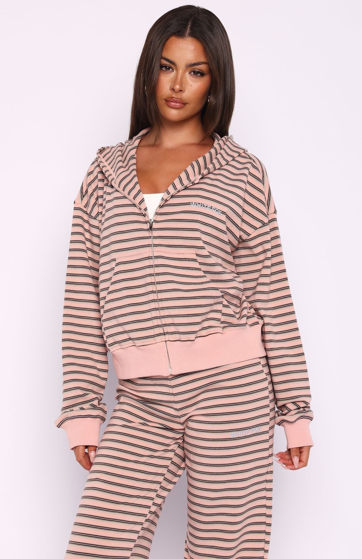 White Fox Looking Back Boxy Zip Front Hoodie Pink Stripe