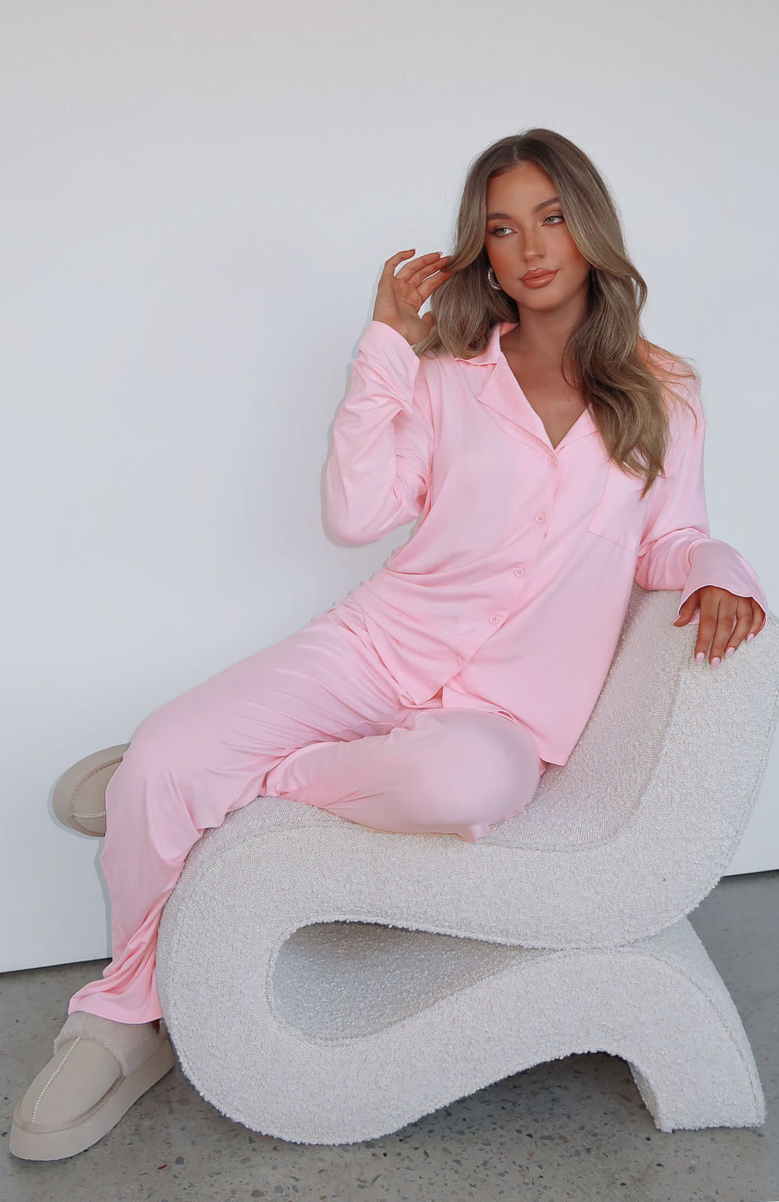 White Fox Pillow Talk Long Sleeve Pyjama Set Baby Pink