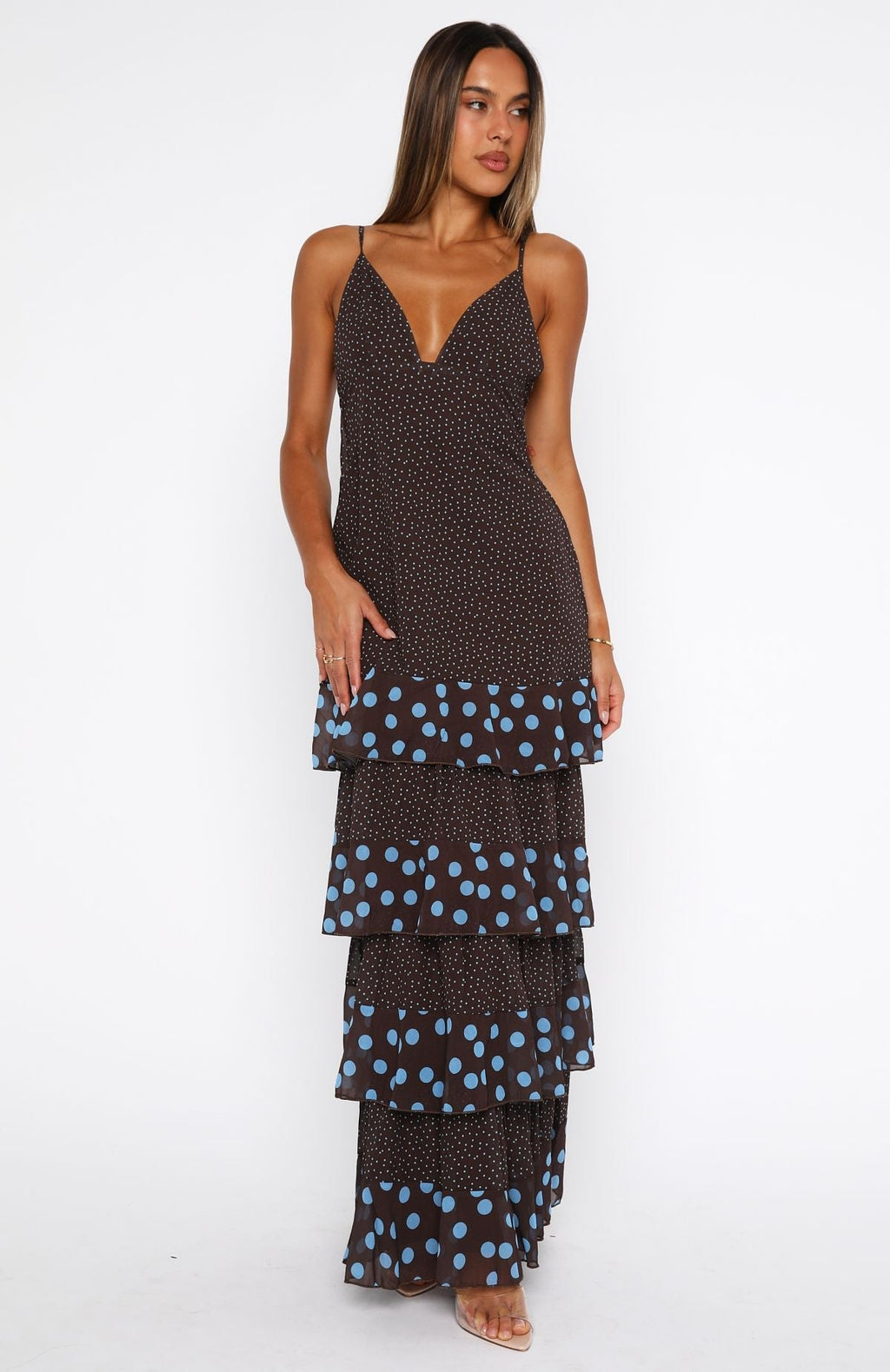 White Fox Princess Maxi Dress Chocolate/Blue Polka Dot