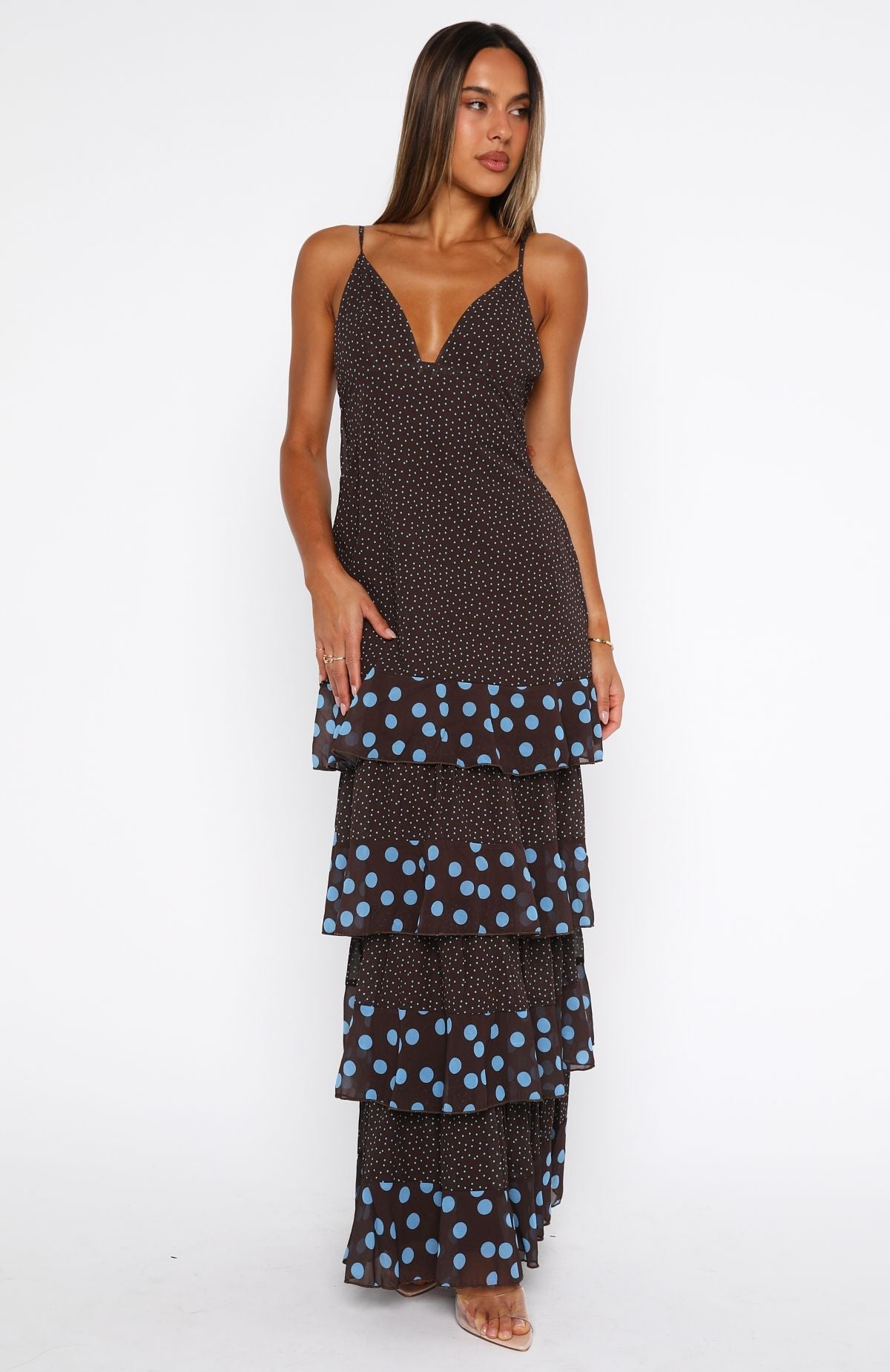 White Fox Princess Maxi Dress Chocolate/Blue Polka Dot