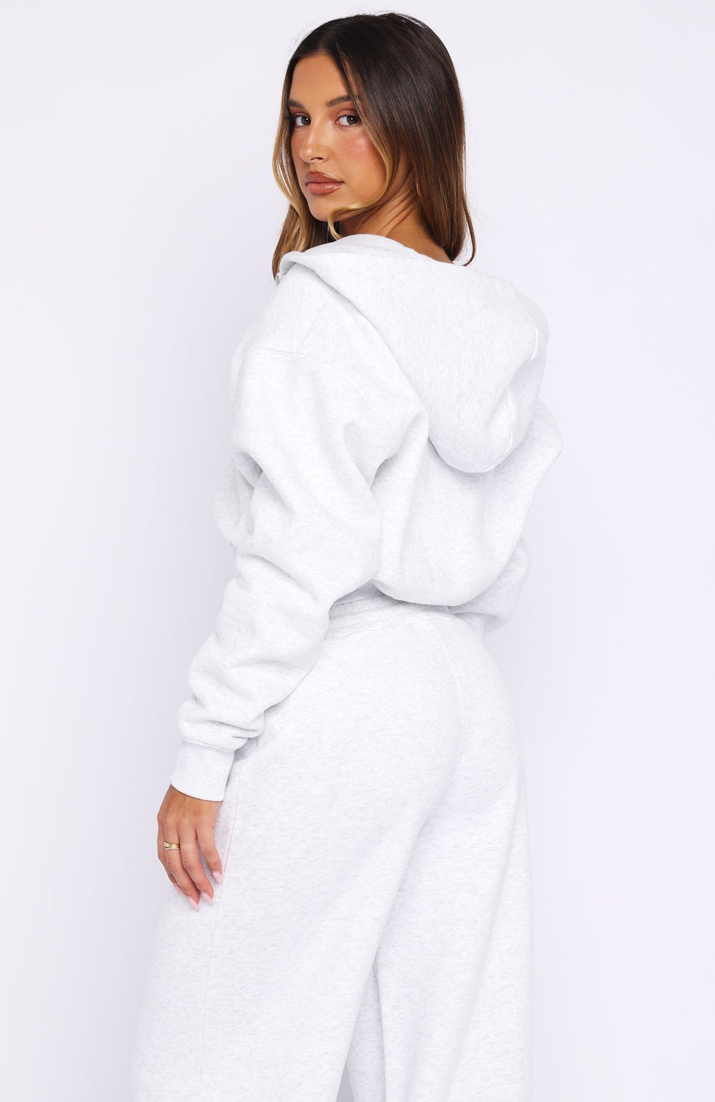 White Fox Wishing For It Cropped Cinched Zip Front Hoodie Grey Marle