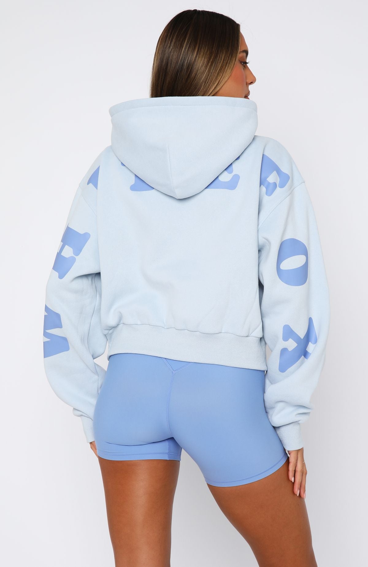 White Fox Serving Up Cropped Hoodie Baby Blue