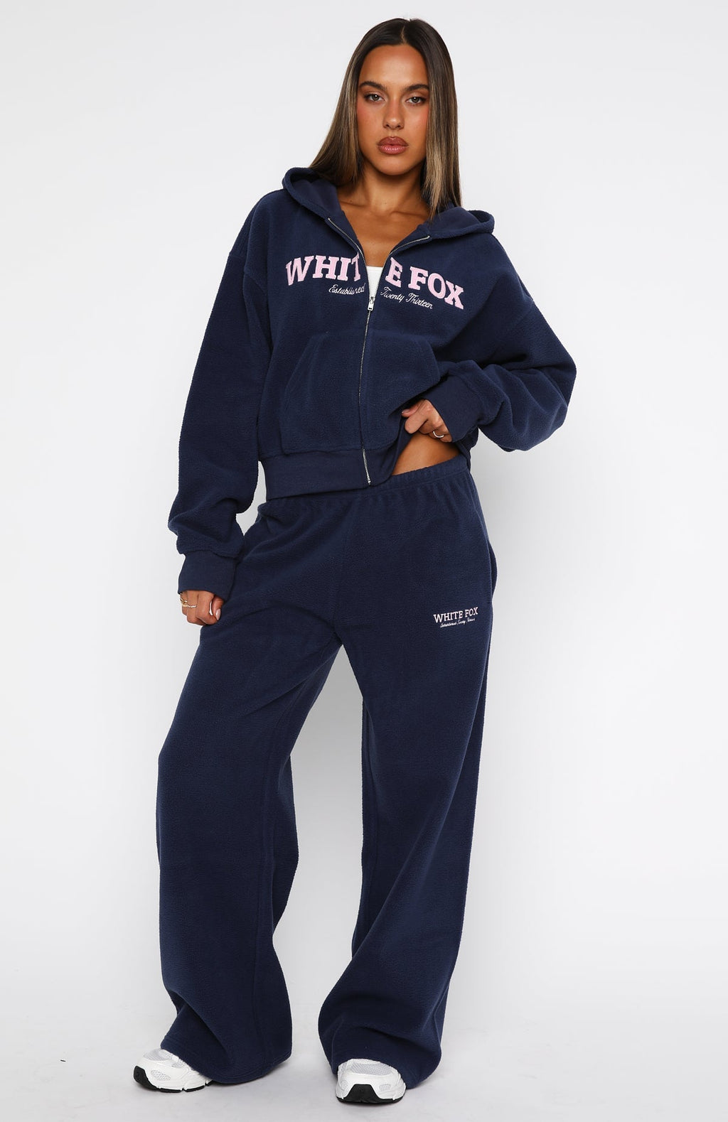 White Fox Just For Now Fleece Wide Leg Sweatpants Navy