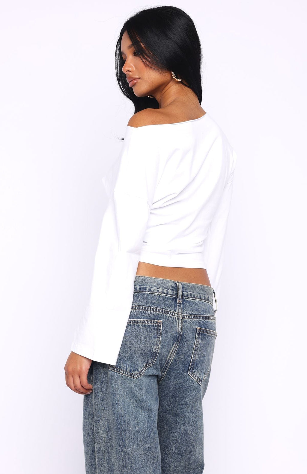 White Fox Falling For Him Cinched Waist Off Shoulder Long Sleeve Top White
