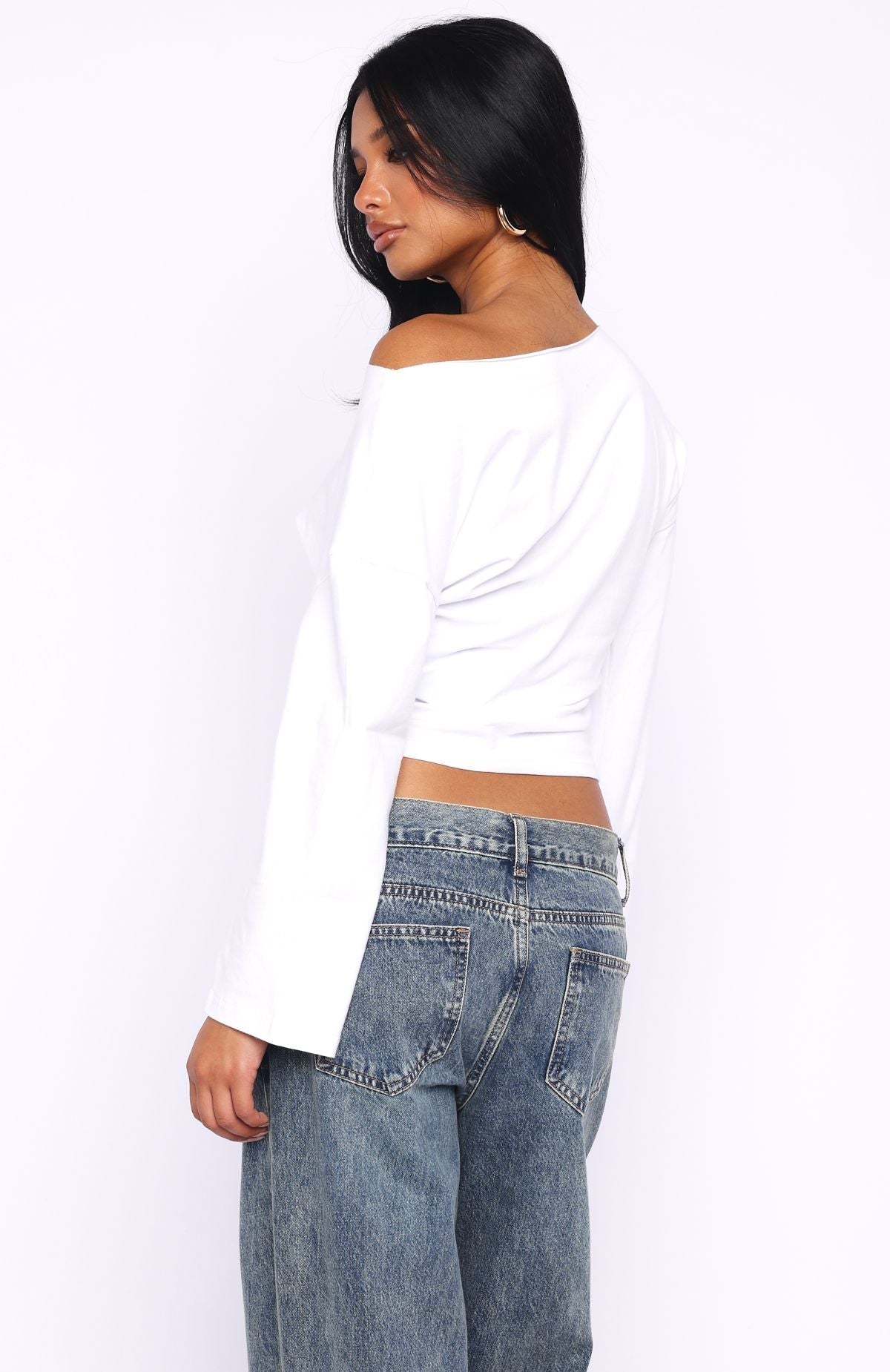 White Fox Falling For Him Cinched Waist Off Shoulder Long Sleeve Top White