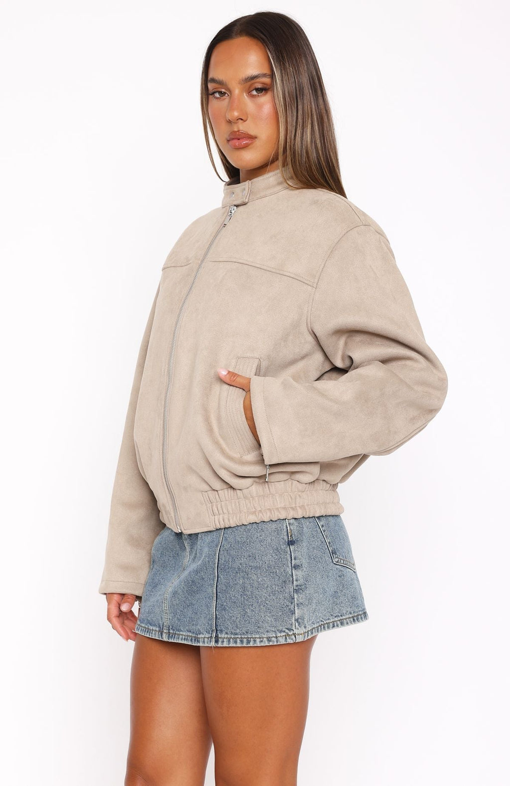 White Fox Watchin' Out Faux Suede Bomber Jacket Sand