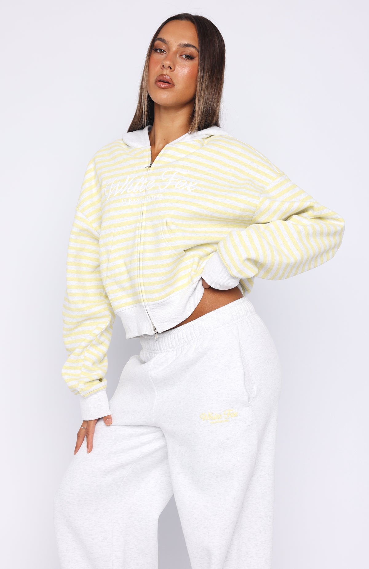White Fox Verano Sixteen Maria Boxy Zip Front Hoodie Grey Marle/Lemon Stripe