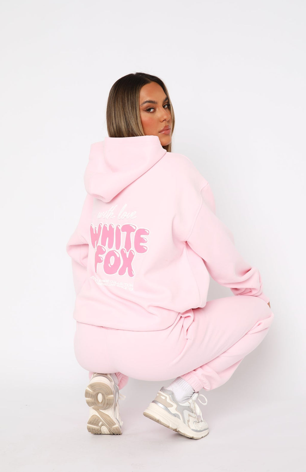 White Fox With Love Always Oversized Hoodie Baby Pink
