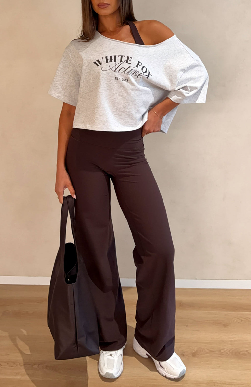 White Fox Far Away Off Shoulder Cropped Tee Grey Marle